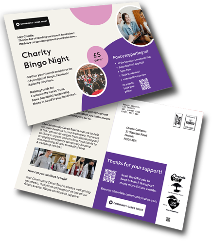 Any business can send out postcards and automate their direct mail sends. This is an example a charity or council might send out for a fundraising event