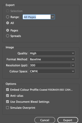 InDesign Export Settings